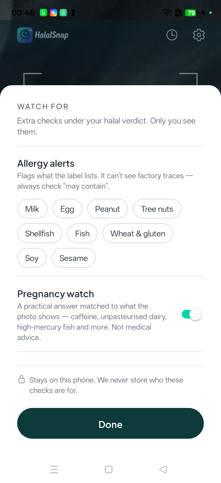 The Watch for sheet in the app: allergy alerts for the big nine, and a Pregnancy watch toggle